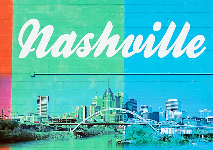 Nashville cityscape on block wall